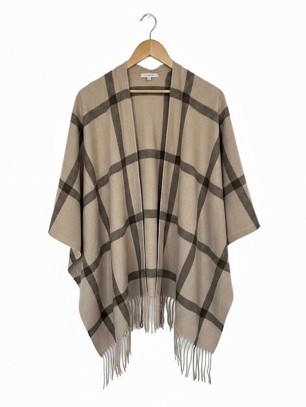 David and Young Plaid Fringe Poncho in Brown & Gray